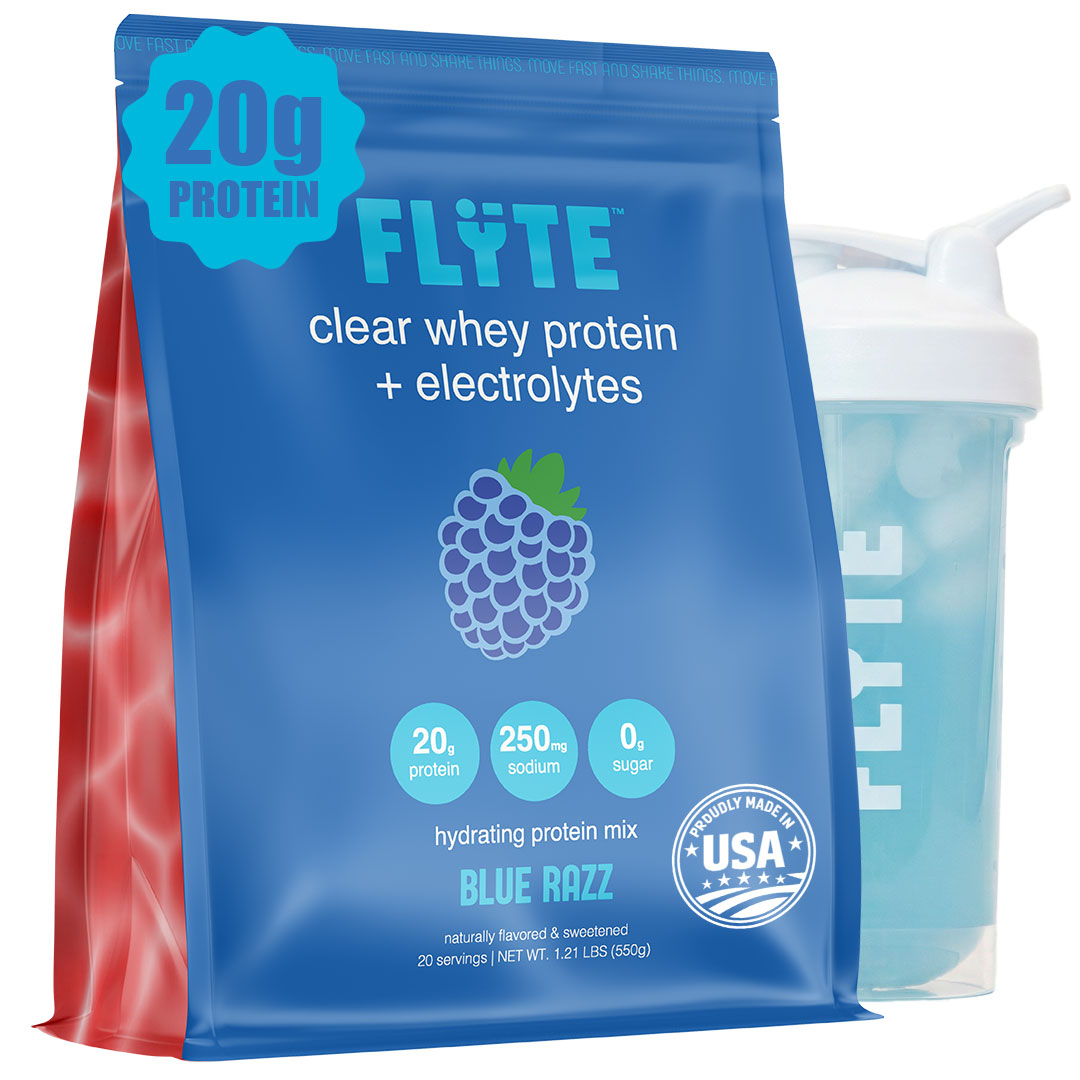 FLYTE Protein Blue Razz hero shot — the clear whey isolate that drinks like juice