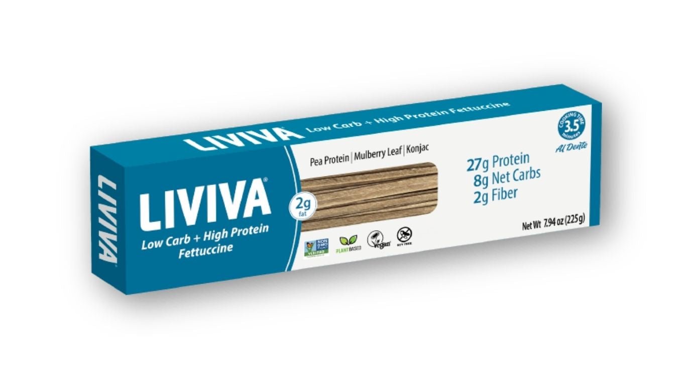 LIVIVA Low Carb High Protein Fettuccine — 27g protein per 45g serving, made with pea protein, mulberry leaf, and konjac flour