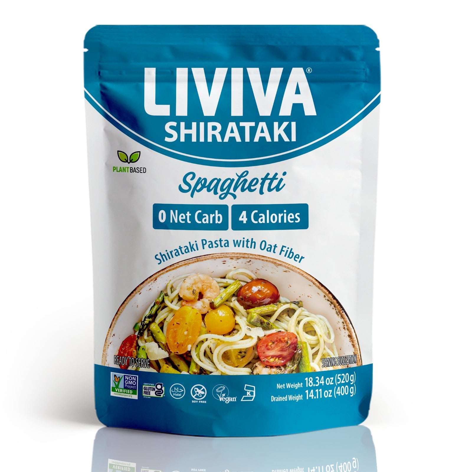 LIVIVA Organic Shirataki Spaghetti — certified organic, gluten-free, non-GMO, KETO, halal, and kosher certified