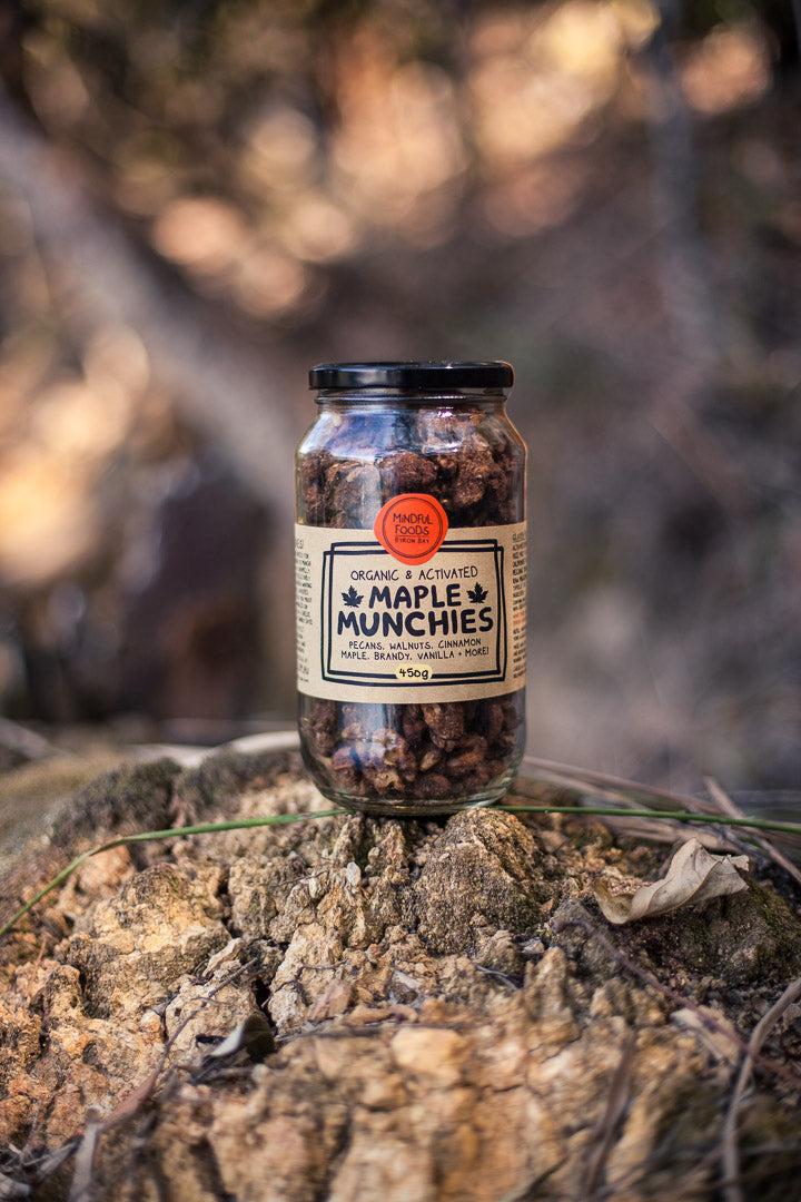 Mindful Foods Maple Munchies — kombucha-activated pecans and walnuts, showing the result of proper activation: a digestible, crunchy snack without bitterness or phytic acid