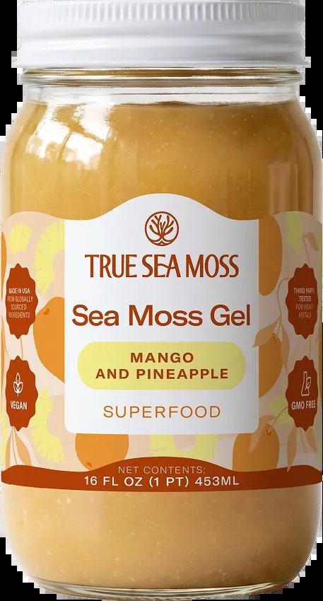 True Sea Moss Mango Pineapple Gel jar with tropical fruit ingredients